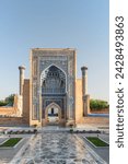 Awesome view of the Gur-e-Amir (Guri Amir) in Samarkand, Uzbekistan. Exterior of mausoleum of the Turco-Mongol conqueror Timur (Tamerlane). The tomb is a popular tourist attraction of Central Asia.