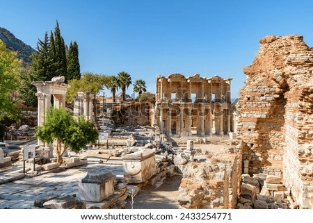 Awesome view the Library of Celsus in Ephesus (Efes). Ruins of the ancient Greek city in Selcuk, Izmir Province, Turkey. Ephesus is a popular tourist attraction in Turkey.