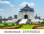 Awesome view of the National Chiang Kai-shek Memorial Hall at Liberty Square in Taipei, Taiwan. The memorial hall is a famous national monument, landmark and popular tourist attraction of Asia.