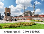 Awesome view of the Taksim Mosque and the Republic Monument at the Taksim Square on sunny day. The public square is a popular tourist destination.
