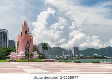 Awesome view of Tram Huong Tower and April 2 Square in Nha Trang, Vietnam. The central square is a popular tourist attraction of Asia. Amazing cityscape.