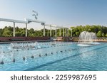 Awesome view of wonderful fountains in Mustaqillik Maydoni (Independence Square) of Tashkent, Uzbekistan. The capital and largest city of Uzbekistan is a popular tourist destination of Central Asia.