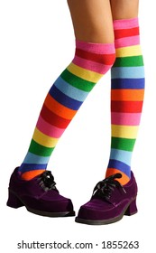 Awkward, Bashful, Schoolgirl Legs In Multicolored Knee-his & Chunky Purple Suede Shoes.