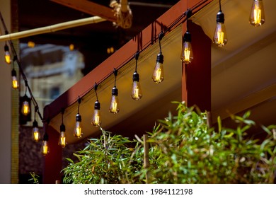 Awning In Backyard Gazebo With A Garland Of Strings Of Retro Edison Lamps Lighting Glow With Warm Light With Green Leaves Of Bush Closeup, Nobody.