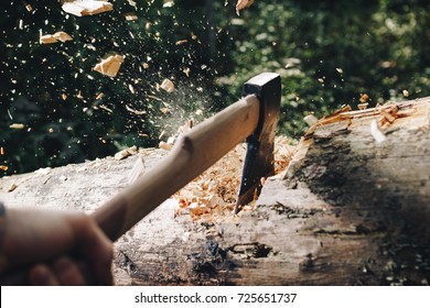 Ax close-up, woodcutter chop wood in woods - Powered by Shutterstock