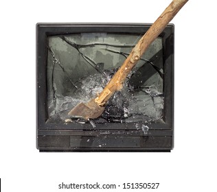 Ax To Smash The TV Screen Isolated On White Background. Old Ax Smashes Television Display.Destruction Of The Monitor Television.