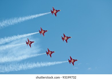 AXALP, SWITZERLAND - OCTOBER 11: Patrouille Suisse during training before Axalp Swiss Air Force Live Firing Demo on October 11, 2011 in Axalp, Switzerland