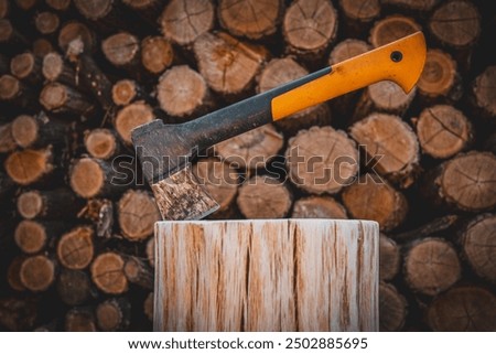 Axe cut in the chopping block in log trunks pile background. Lumber jacks wood cutting work tool.