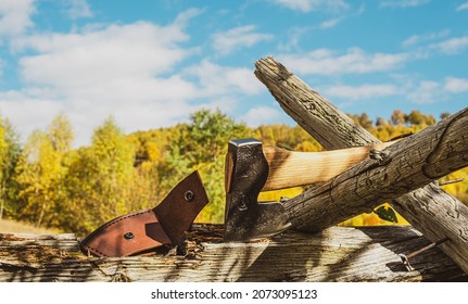 An Axe Stuck Up In The Abandoned Cottage