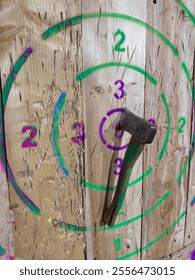 Axe throwing competition hitting the target in the bull eye