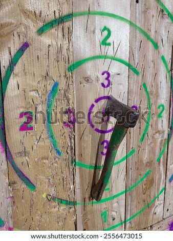 Axe throwing competition hitting the target in the bull eye