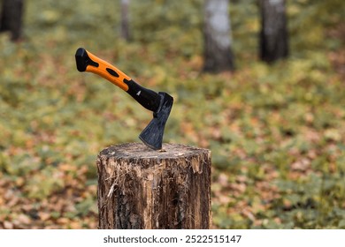 An axe will be stuck into a wooden log. Harvesting firewood for the winter season. Logging on the background of the forest. Lumber, wood-cutting tools.