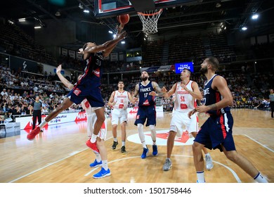 Axel Toupane And Evan Fournier And Vincent Poirier Of France And Milko Bjelica Of Montenegro During Friendly Game Basketball Match Between France Vs Montenegro 8,15,2019 Astroballe Lyon France