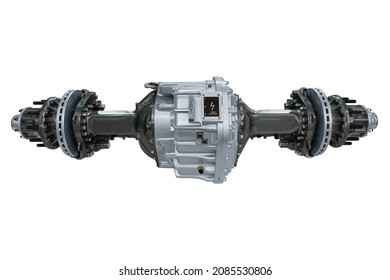 Axle With Electric Motor And Transmission For A Electric Bus Or Truck. Isolated On White Background