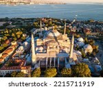 Aya Sofia aerial photography, taken during sunset in the summer 2022. Istanbul city center and Bosporus in the background. 