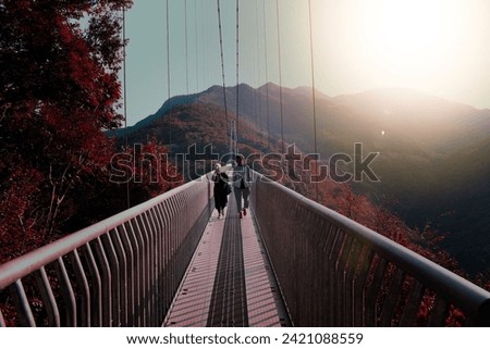The Aya Teruha Great Suspension Bridge, Japan's largest pedestrian suspension bridge, rises 142 meters over the Aya River Valley in Miyazaki Province, overlooking the bridge's path.autumn.