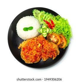 Ayam Geprek Indonesian Food crispy fried chicken with hot and spicy sambal Chili Sauce Served Steam Rice recipe.Currently ayam geprek found in Indonesia and neighbouring countries, Origin Yogyakarta 