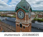 Ayer Mills aerial view by the Merrimack River in downtown Lawrence, Massachusetts MA, USA. The historic building was built in 1910 and now is abandoned. 