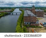 Ayer Mills aerial view by the Merrimack River in downtown Lawrence, Massachusetts MA, USA. The historic building was built in 1910 and now is abandoned. 