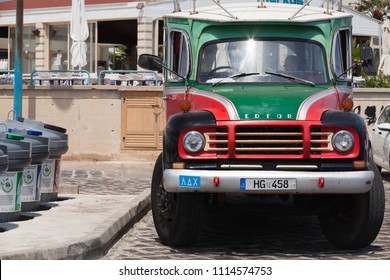 Ayia Napa, Cyprus - June 12, 2018: Old Bedford TJ Bus, Close-up Front View. Bedford Vehicles, Was A Brand Of Vehicle Produced By Vauxhall Motors