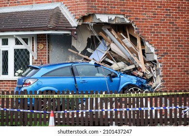 Aylesbury,Bucks,UK - September 11th 2011. Car Comes Off The Road And Crashes Into A House