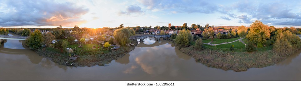 Aylesford, Kent, United Kingdom - October 26th, 2020: 360 Degree Aerial Panorama Of Aylesford Village In Kent, England With Medieval Bridge And Church Historical Rochester In Autumn Tints At Sunset.