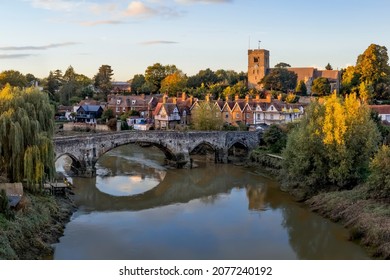 Aylesford, Kent, United Kingdom - October 26th, 2020: Aerial View Of  Aylesford Village In Kent, England With Medieval Bridge And Church Historical Rochester In Autumn Tints At Sunset.