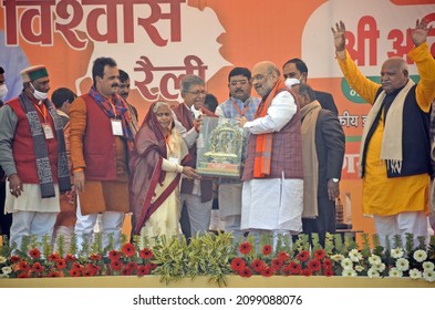 Ayodhya, India, Dec.31, 2021: Union Home Minister Amit Shah Along With Party Leaders During A Rally As Part Of BJP's Election Campaign Ahead Of 2022 UP Assembly Polls In Ayodhya. Photo: Sumit Saraswat