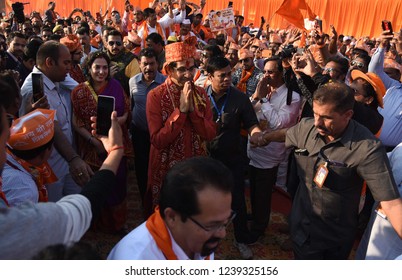 Ayodhya,Uttar Pradesh/India-November 24 2018: Shiv Sena Chief Uddhav Thackrey meet with sadhus during a program ahead of Ram Temple event to be held tomorrow, on 24-11-2018.