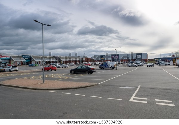 Ayr,\
Scotland, UK - March 07, 2019: Heathfield Retail Park in Ayr\
Scotland one of the new retail facilities in the West of Scotland\
that is pulling business away from the High\
Streets.