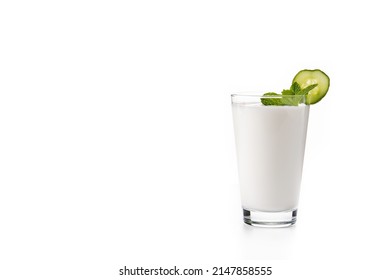 Ayran drink with mint and cucumber in glass isolated on white background. Copy space - Shutterstock ID 2147858555
