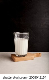 Ayran Or Kefir In Glass Dark Background. Fermented Milk Ayran. Milk Diet For Weight Loss. Selective Focus, Copy Space.