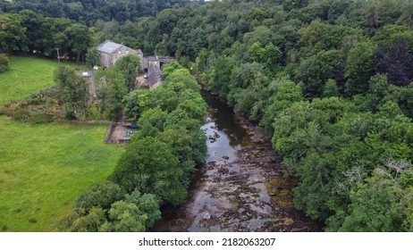 Aysgarth, Wensleydale, Yorkshire Dales National Park, North Yorkshire, England, Britain, July 2022, Aerial View Of Low Water Levels And Yore Mill On River Ure