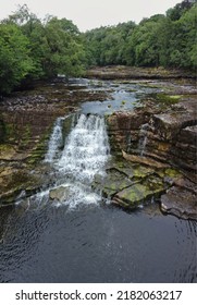 Aysgarth, Wensleydale, Yorkshire Dales National Park, North Yorkshire, England, Britain, July 2022, Aerial View Of Low Water Levels And Small Waterfalls On River Ure
