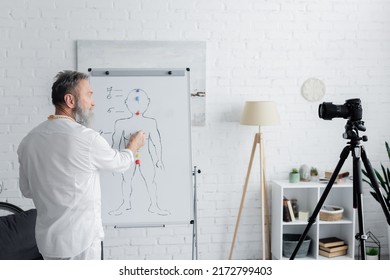 Ayurveda Guru Near Flip Chart With Human Chakras System And Digital Camera