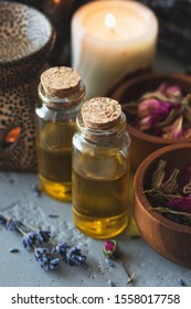 Ayurveda, a set of aromatic oils and lamp, herbs and candle