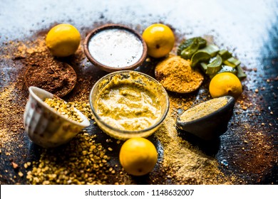 Ayurvedic Face Pack Or Ubtan Of Moong Dal Or Green Lentil Or Mung Dal With Lemon,dried Orange Peel Powder,chandan Powder Or Sandal Wood Powder,milk And Aloe Vera Gel On Wooden Surface.