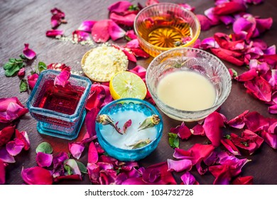 Ayurvedic Herbal Facial Or Face Pack's Ingredients I.e. Rose Syrup,rose Petals,honey,lemon,lemon And Gram Flour.This Face Pack Improves The Skin And Removes The Dull And Black Skin By Regular Use.