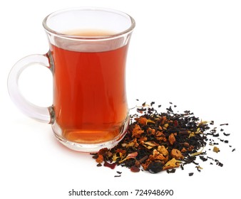 Ayurvedic Herbal Tea In A Cup In Ingredients Over White Background