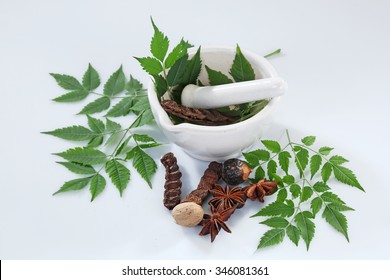 Ayurvedic Herbs With Mortar And Pestle