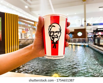 Ayutthaya, Thailand 12/06/2020: Symbol  Colonel Sanders  On the glass of KFC drinks