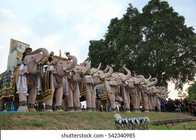 Ayutthaya, Thailand December 24, 2016 : White Eleven elephants to pay respect to late Thai king Bhumibol Adulyadej at Ayutthaya on December 24, 2016 in Ayutthaya, Thailand
