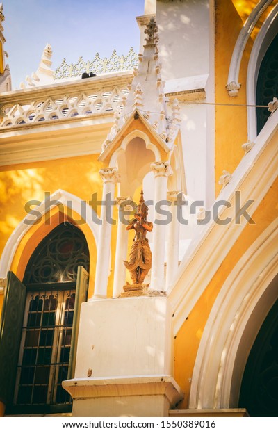 Ayutthaya, THAILAND June 9, 2019 : Wat Niwet\
Thammaprawat temple, Thai Buddhism Temple building in European\
cathedral style one of the most popular tourist attraction in\
Ayutthaya, Thailand.