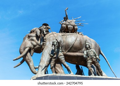 AYUTTHAYA,THAILAND-DECEMBER15,2014: Queen Suriyothai Monument, That Depicts A Fierce Looking King Maha Chakkraphat On His War Elephant, Surrounded By Siamese Soldiers, Immediately After His Queen Fell