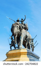 AYUTTHAYA,THAILAND-DECEMBER15,2014: Queen Suriyothai Monument, That Depicts A Fierce Looking King Maha Chakkraphat On His War Elephant, Surrounded By Siamese Soldiers, Immediately After His Queen Fell