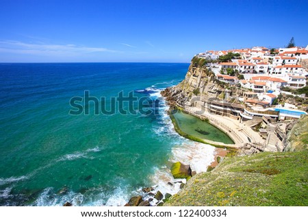 Azenhas do Mar white village landmark on the cliff and Atlantic ocean, Sintra, Lisbon,  Portugal, Europe.