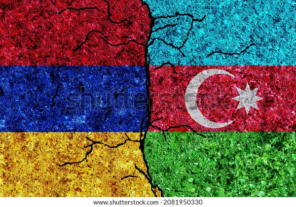 Azerbaijan and Armenia painted\
flags on a wall with grunge texture. Azerbaijan and Armenia\
conflict. Armenia and Azerbaijan flags together. Armenia vs\
Azerbaijan