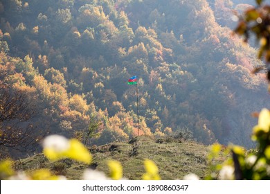 Azerbaijan Flag,Waving Flag On The Mountain. National Flag Of Azerbaijan On Strong Wind In The Sunny Day. Outdoor Nature Shot