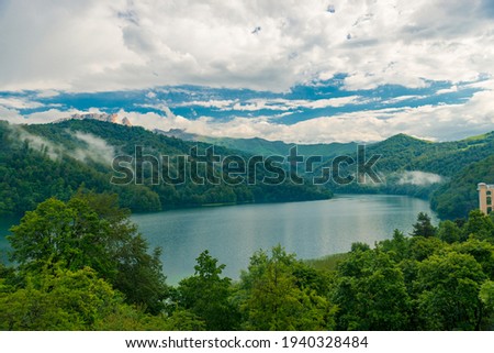 Azerbaijan, Goygol: Panoramic view landscape scenery on famous Lake  near Ganja