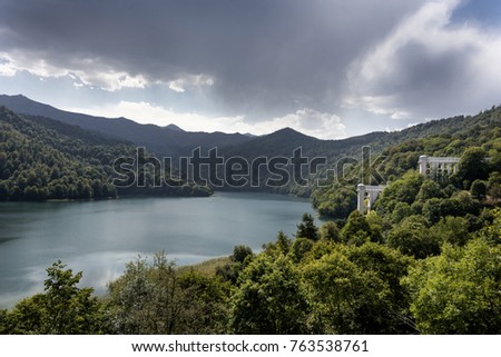 Azerbaijan, Goygol: Panoramic view landscape scenery on famous Lake Göygöl - the blue lake. The natural impounded lake is situated at the footsteps of Murovdag mountain, near Ganja - concept nature